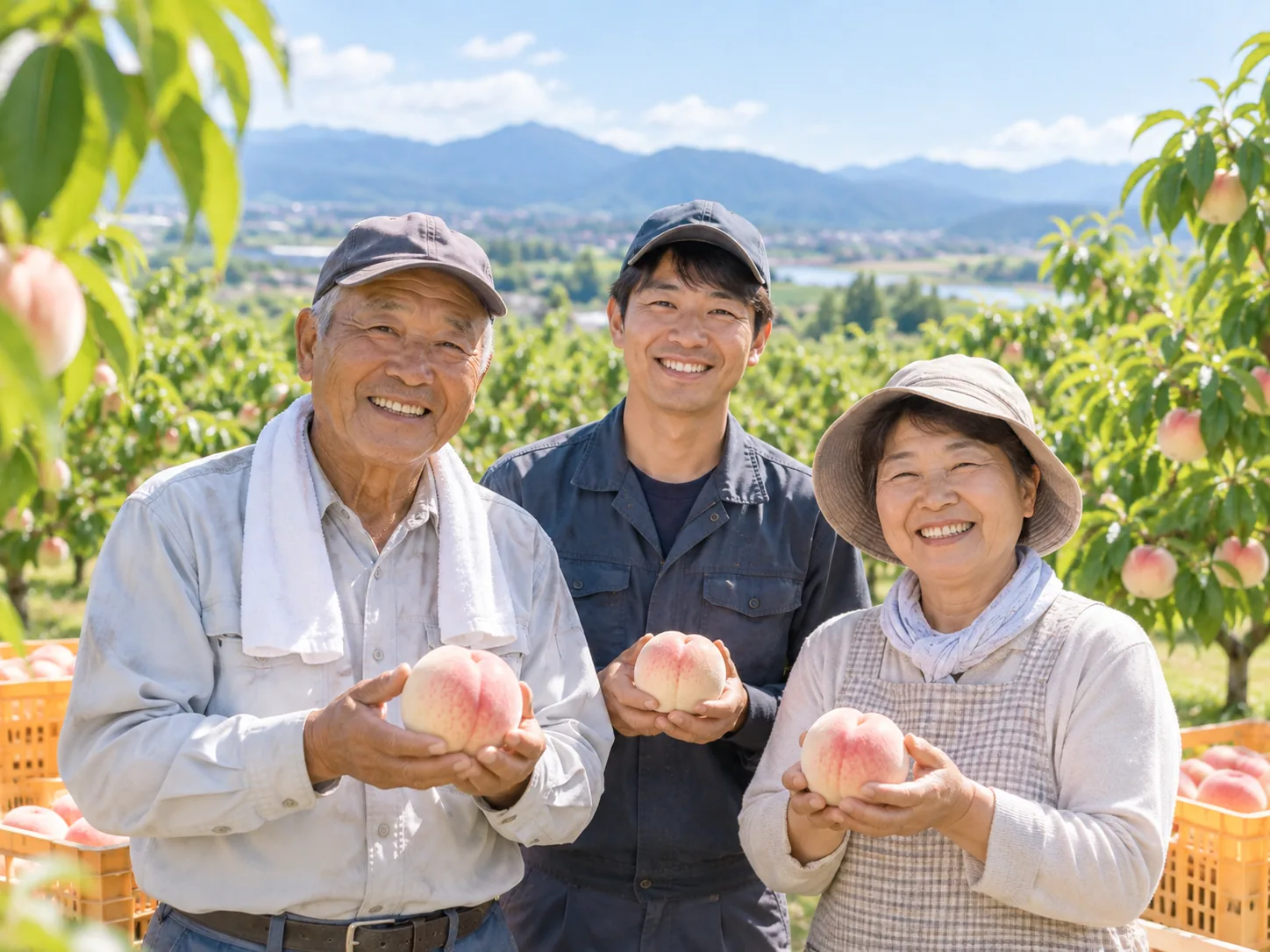 桃畑に立つ生産者（家族）